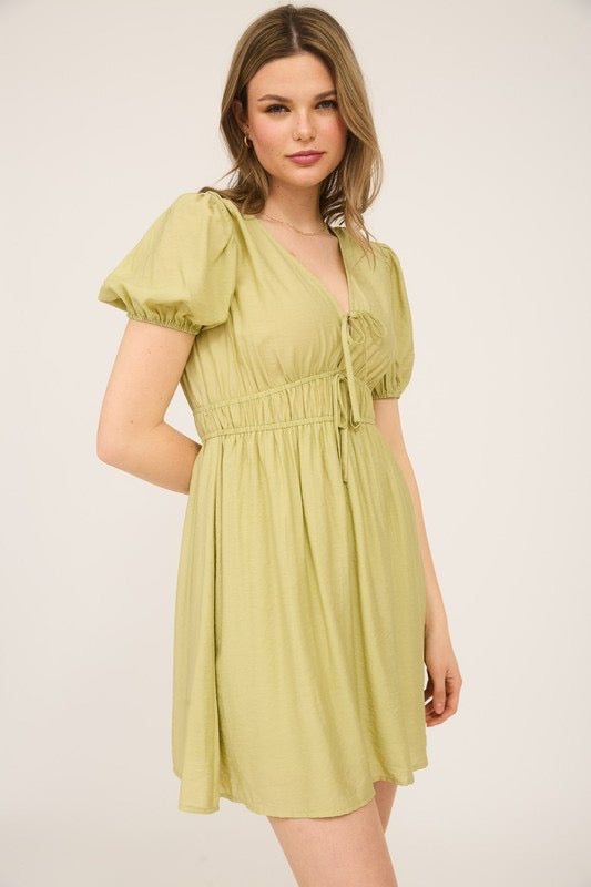 Tie Puff Sleeve Mini Dress