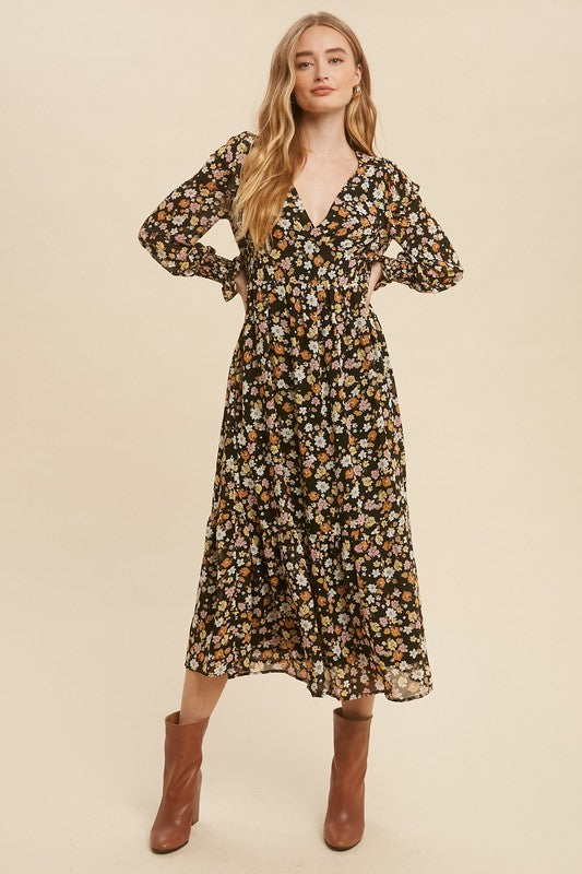 boho midi dress long sleeve Floral Prism Midi Dress Teal/Rust / XS