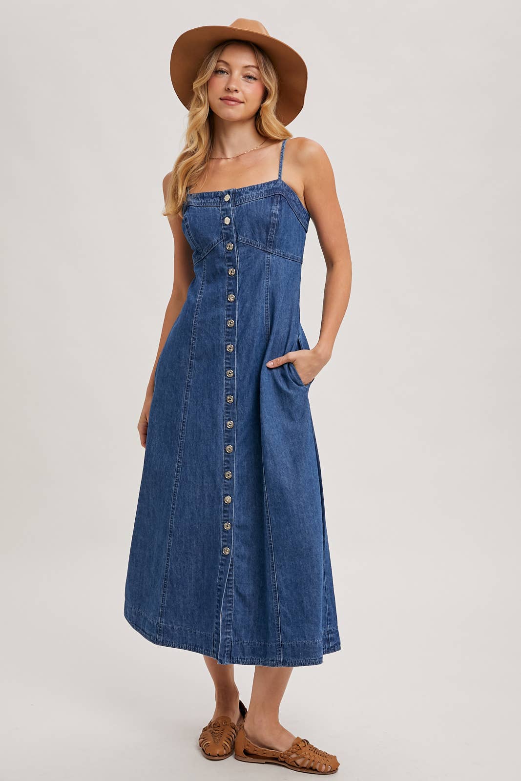 Daze Button Down Sleeveless Denim Midi Dress