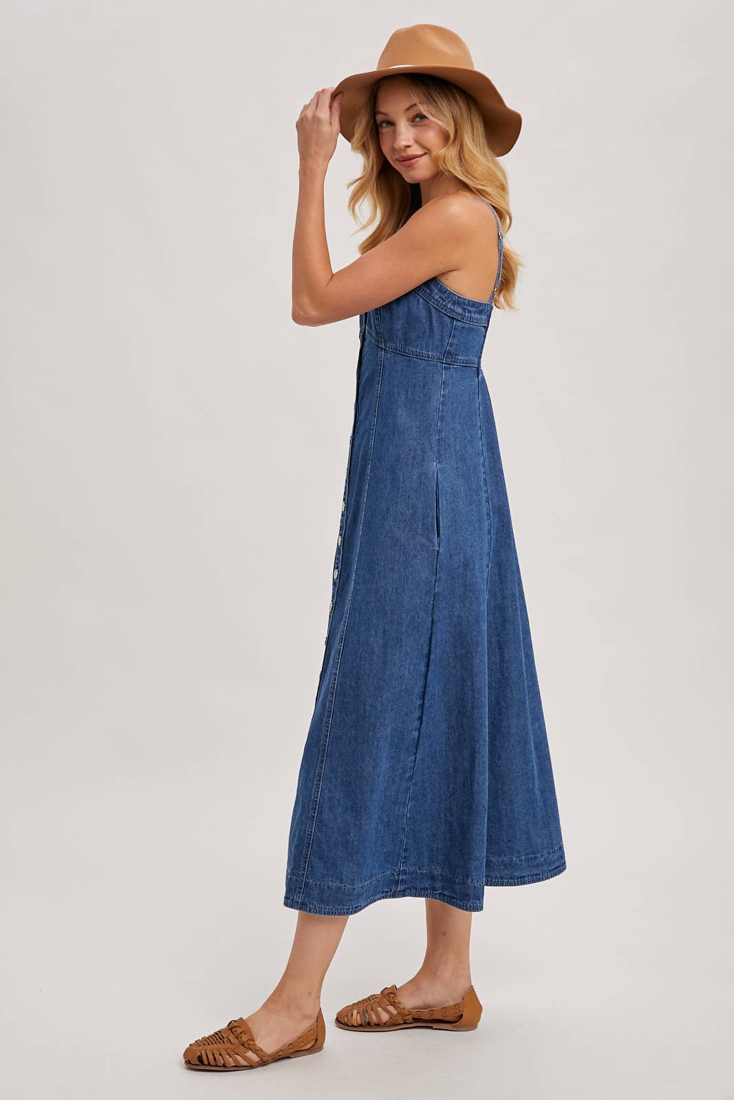 Daze Button Down Sleeveless Denim Midi Dress