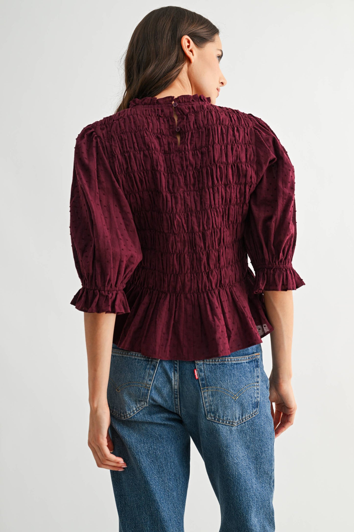 SMOCKED PEPLUM PUFF SLEEVE TOP