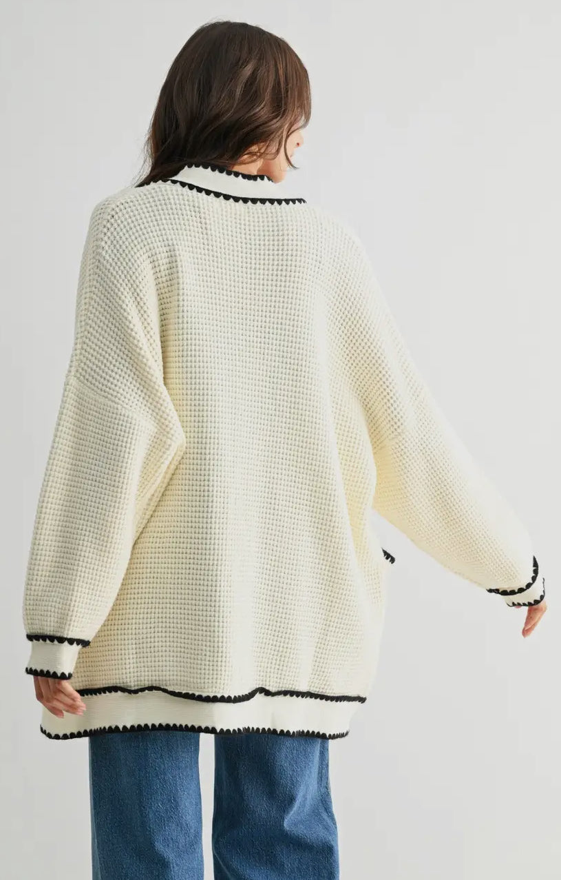 Waffle-Knit Cardigan with Contrasting Trim