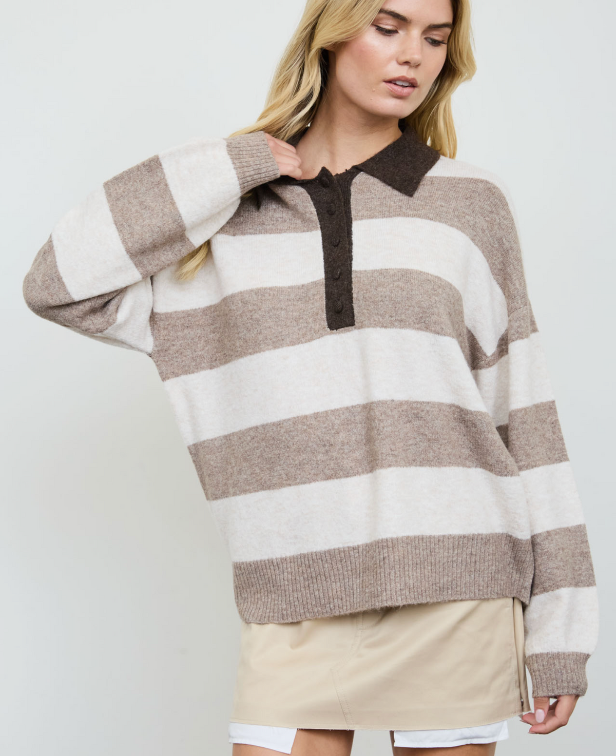 Cali Stripe Polo Collar Long Sleeve Sweater