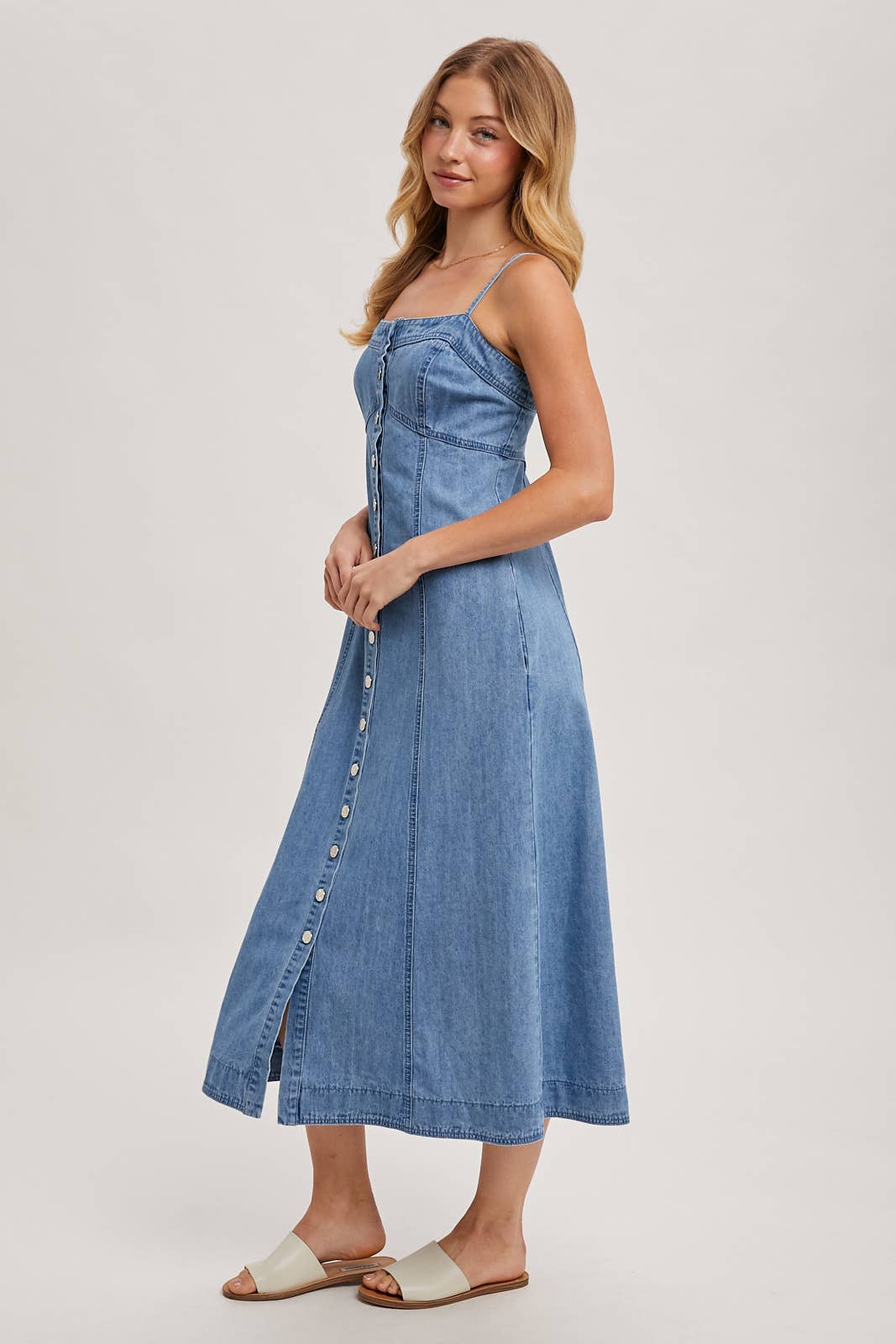 Daze Button Down Sleeveless Denim Midi Dress