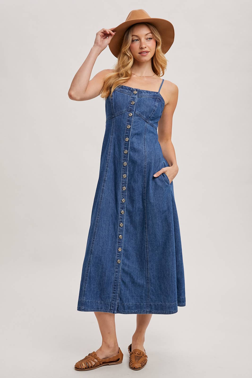 Daze Button Down Sleeveless Denim Midi Dress
