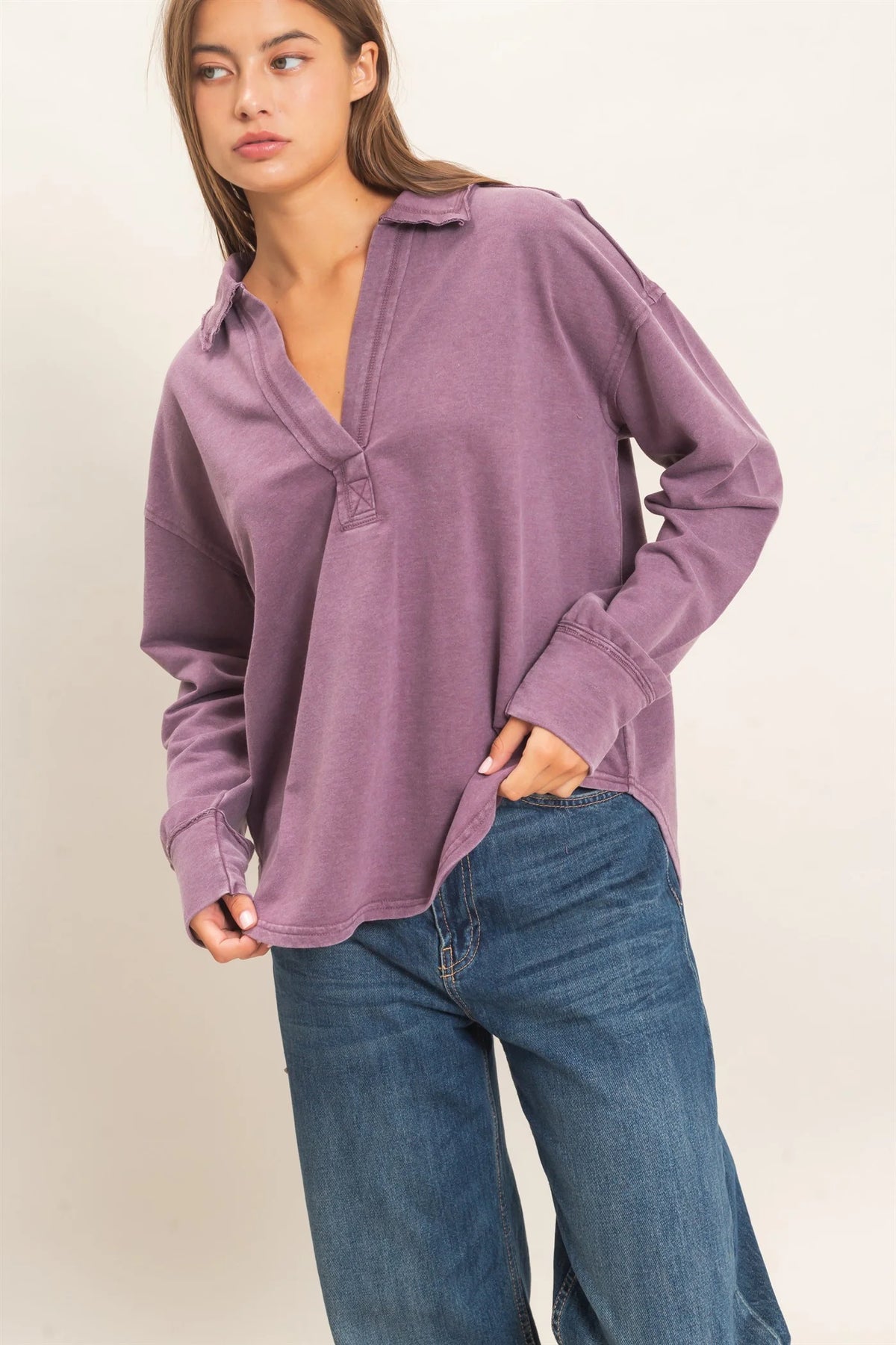 Sadie Mineral Washed Polo Collar Long Sleeve Top ( Five Colors)
