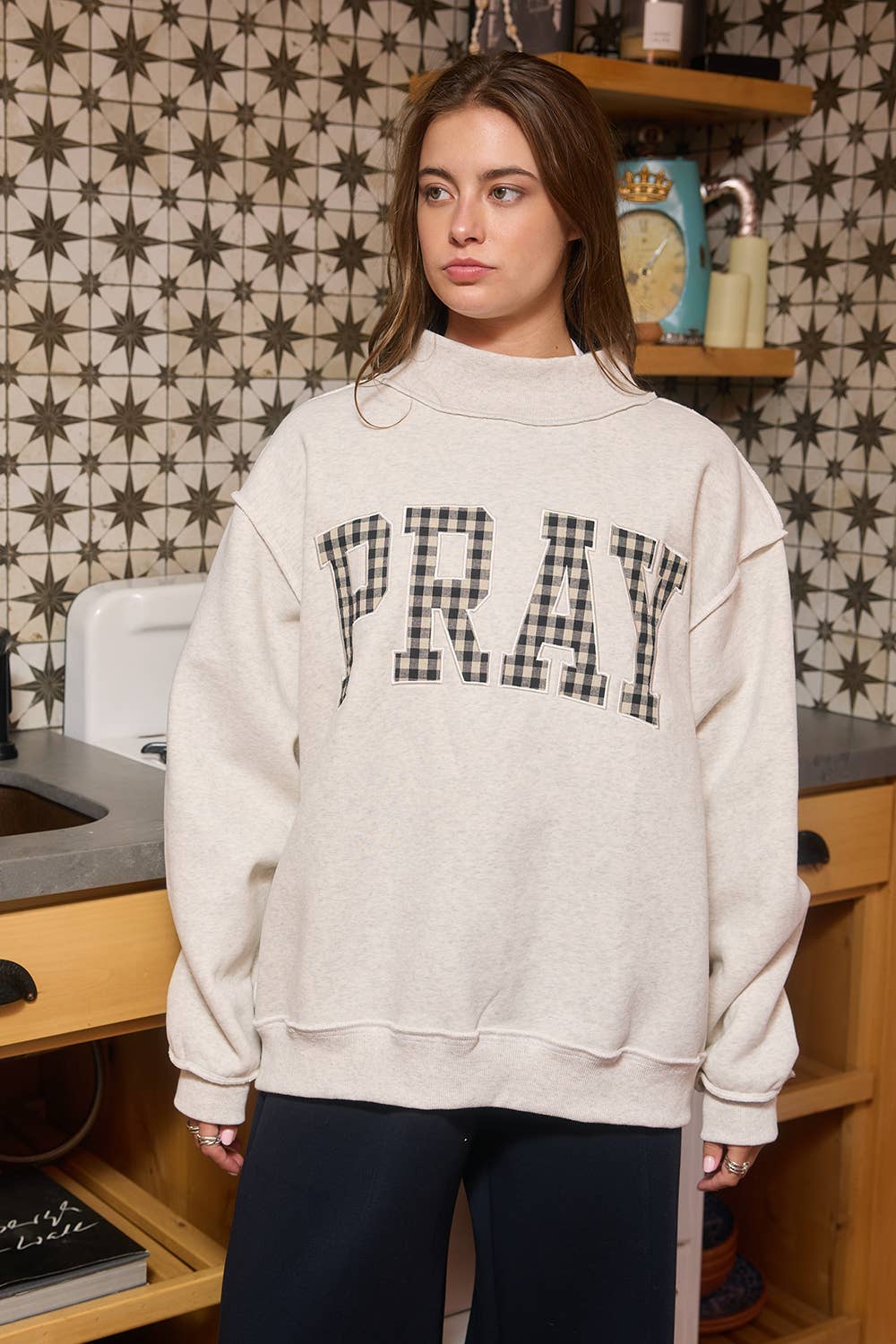 'PRAY' Gingham Appliqué Mockneck Sweatshirt