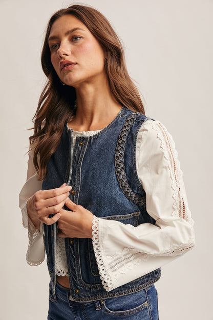 Braided Trim Denim Vest