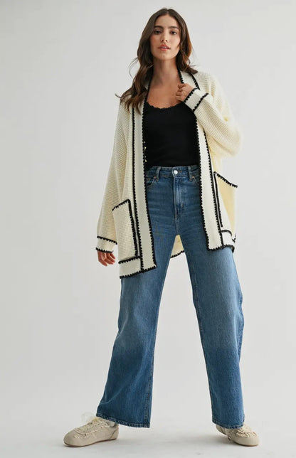 Waffle-Knit Cardigan with Contrasting Trim