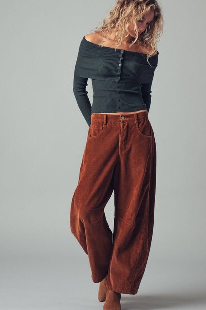 Hartsin Off-Shoulder Button Front Ribbed Top