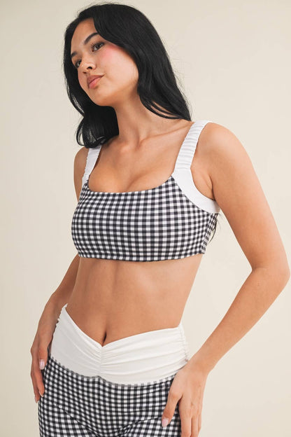 Gingham Print Scrunched Strap Sports Bra
