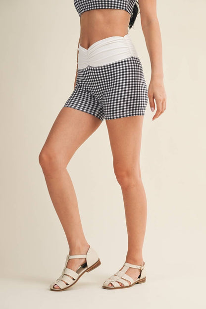 Gingham Print Ruched Waistband Biker Shorts