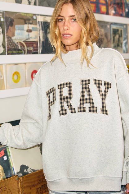 'PRAY' Gingham Appliqué Mockneck Sweatshirt