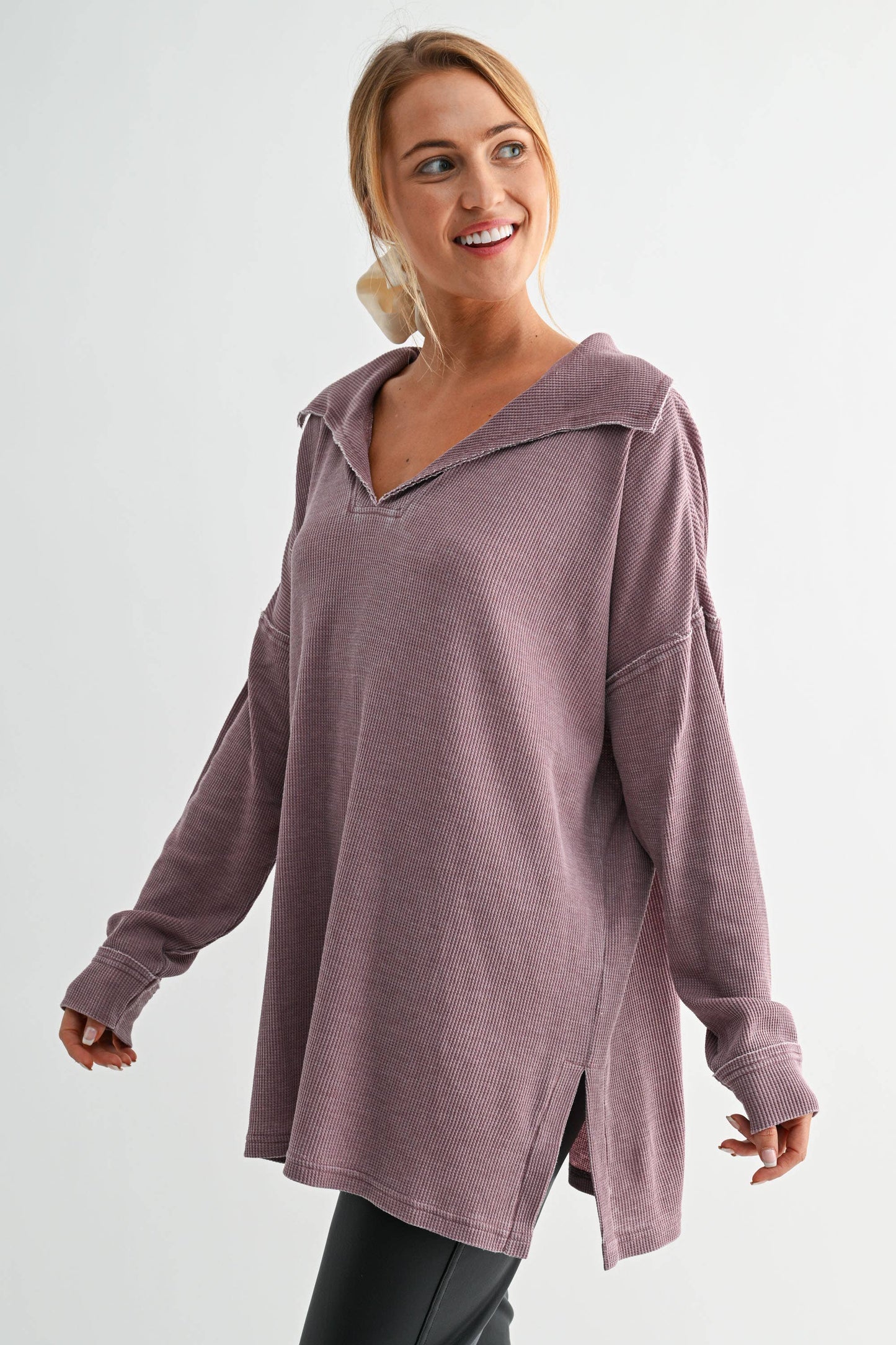 Whitney Waffle Knit Collared Long Sleeve