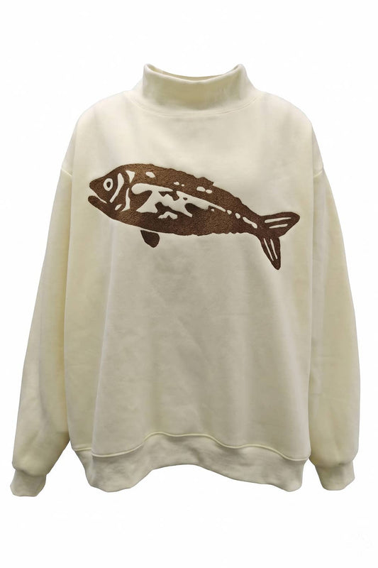 Fish-Embroidered Mock-Neck Sweatshirt