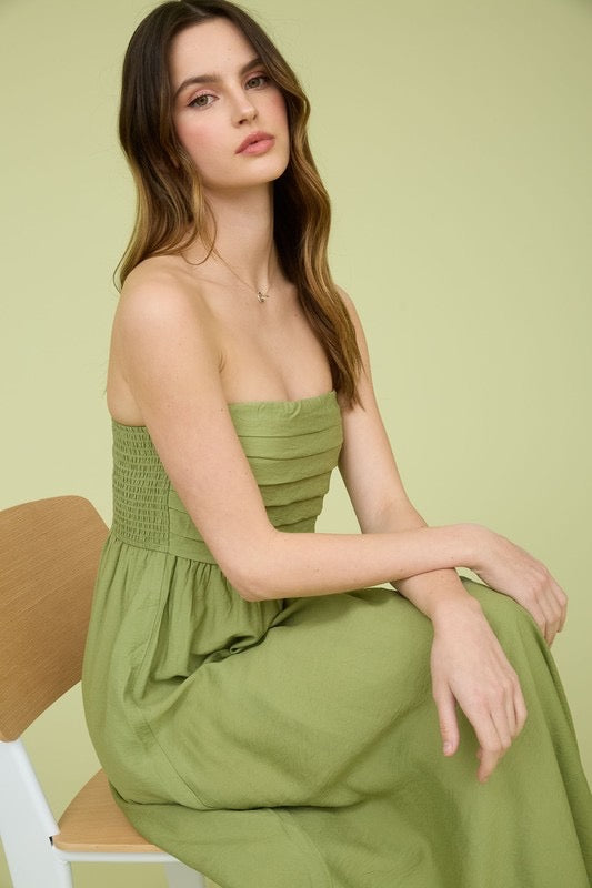 Dakota Pleated Strapless Midi Dress