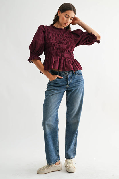 SMOCKED PEPLUM PUFF SLEEVE TOP