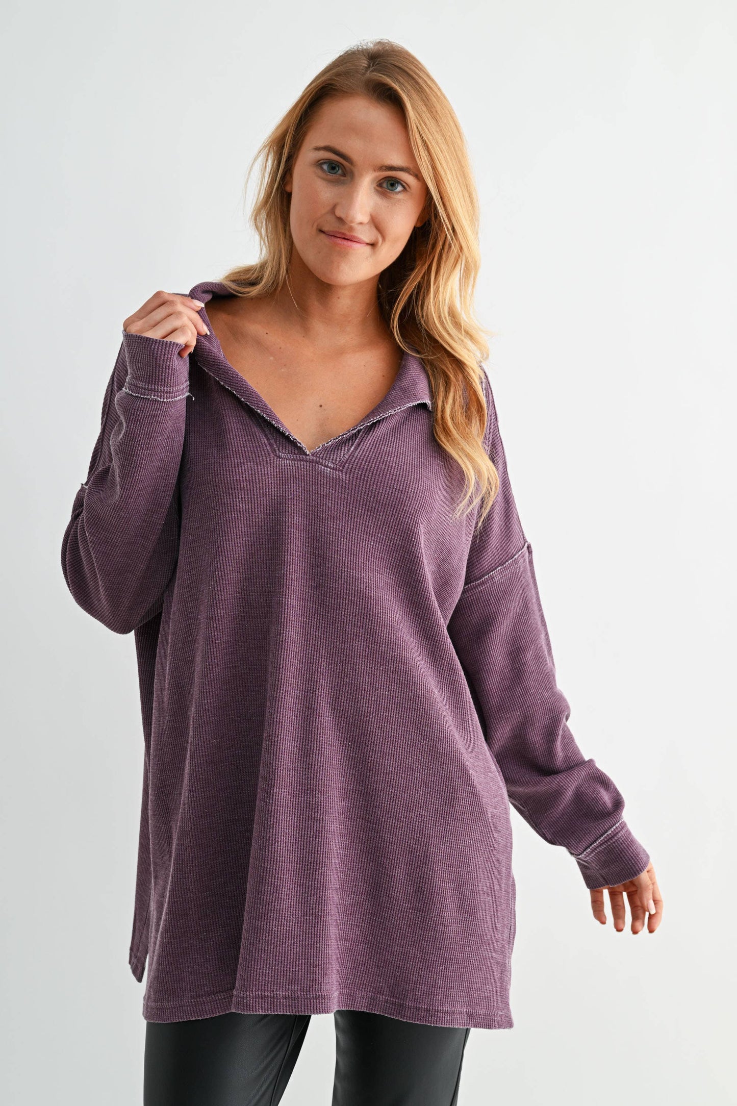 Whitney Waffle Knit Collared Long Sleeve