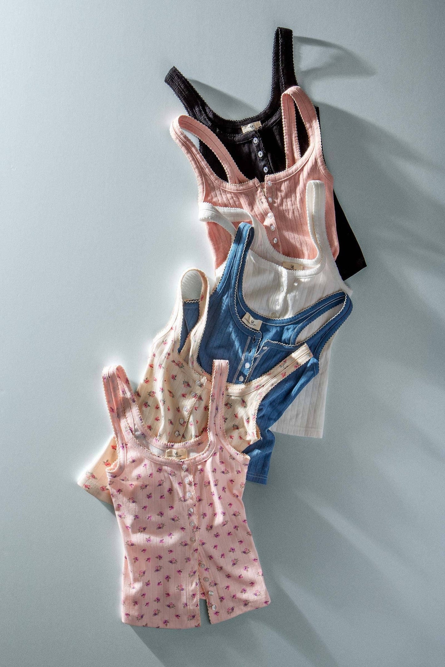 Ribbed Cotton Button-Front Picot Trim Tank (Four Colors)