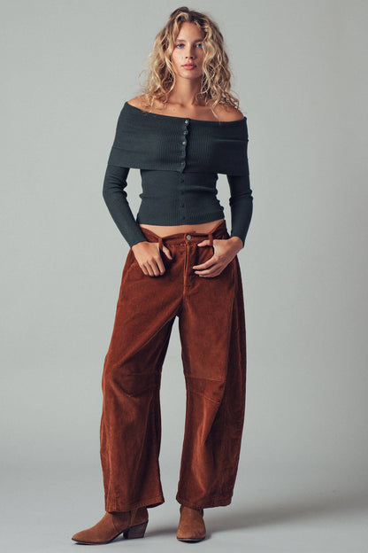Hartsin Off-Shoulder Button Front Ribbed Top