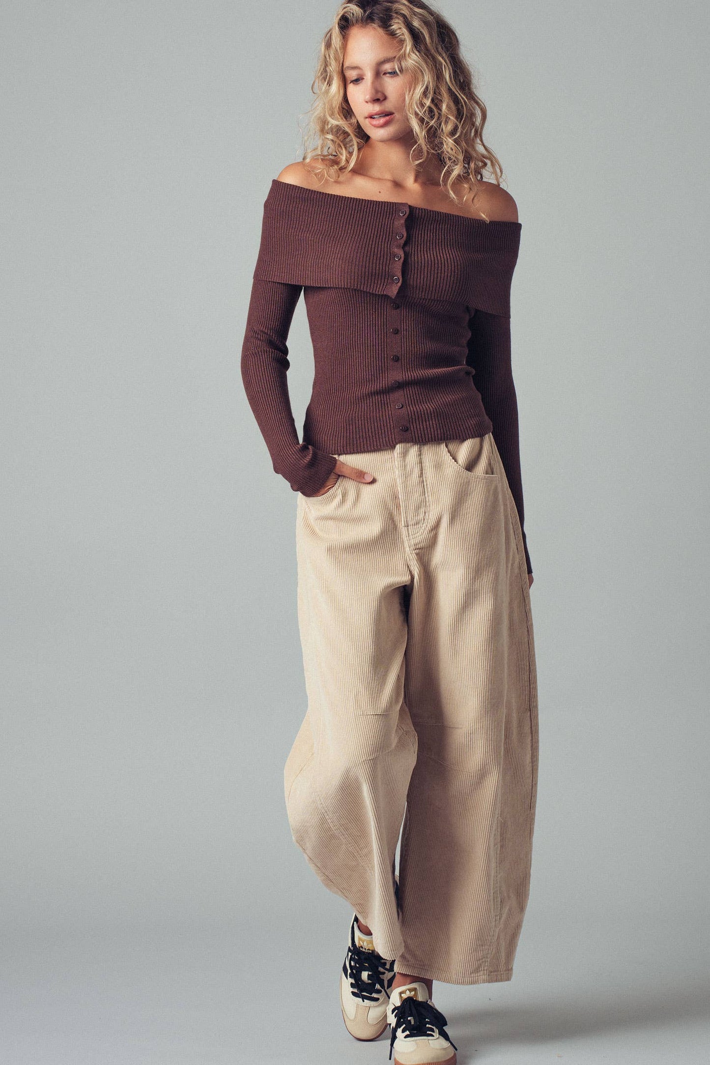 Hartsin Off-Shoulder Button Front Ribbed Top