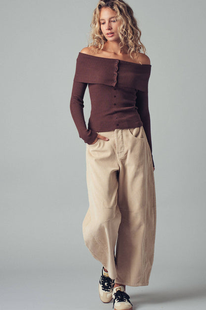 Hartsin Off-Shoulder Button Front Ribbed Top