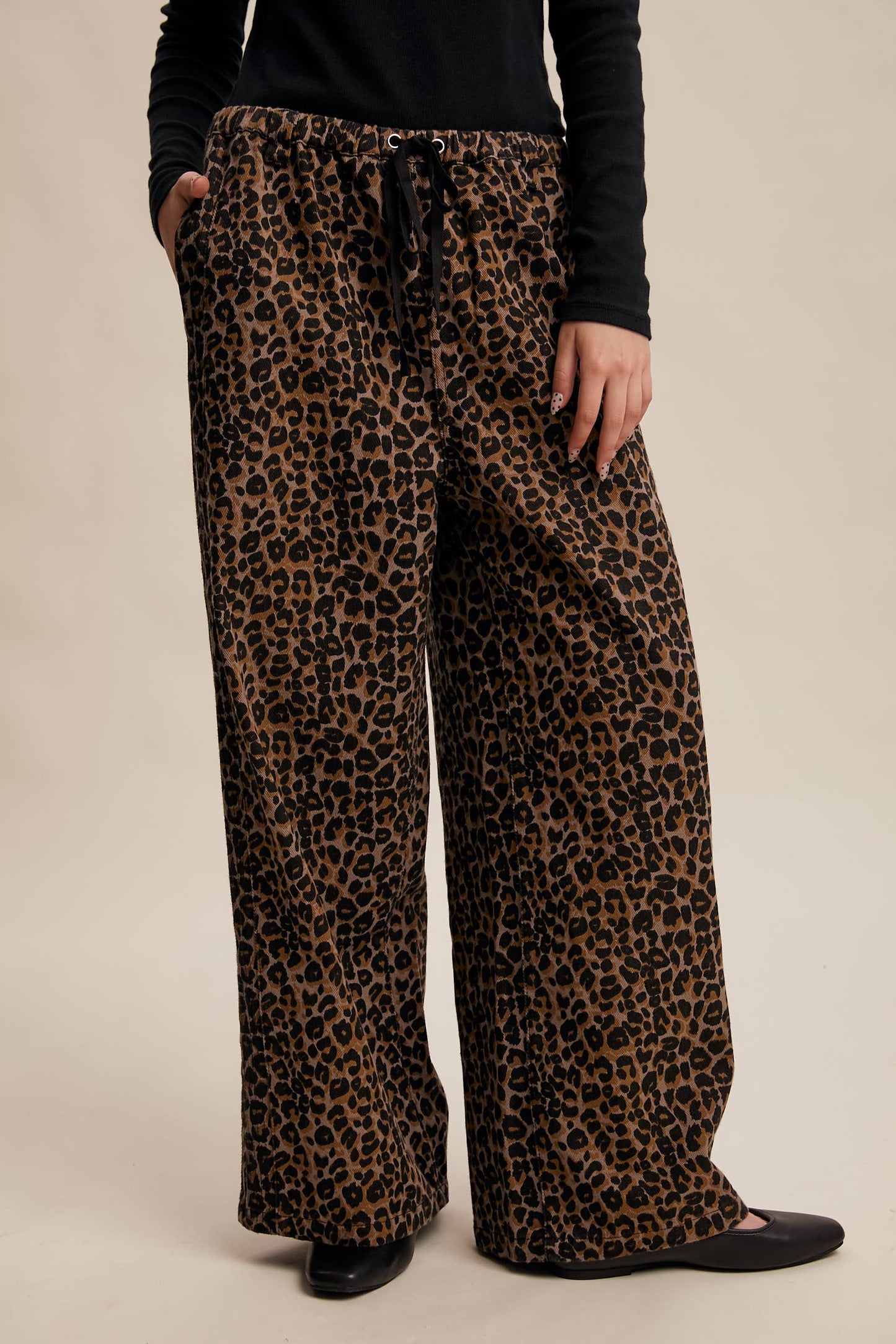 Leopard Print Denim Wide-Leg Pants