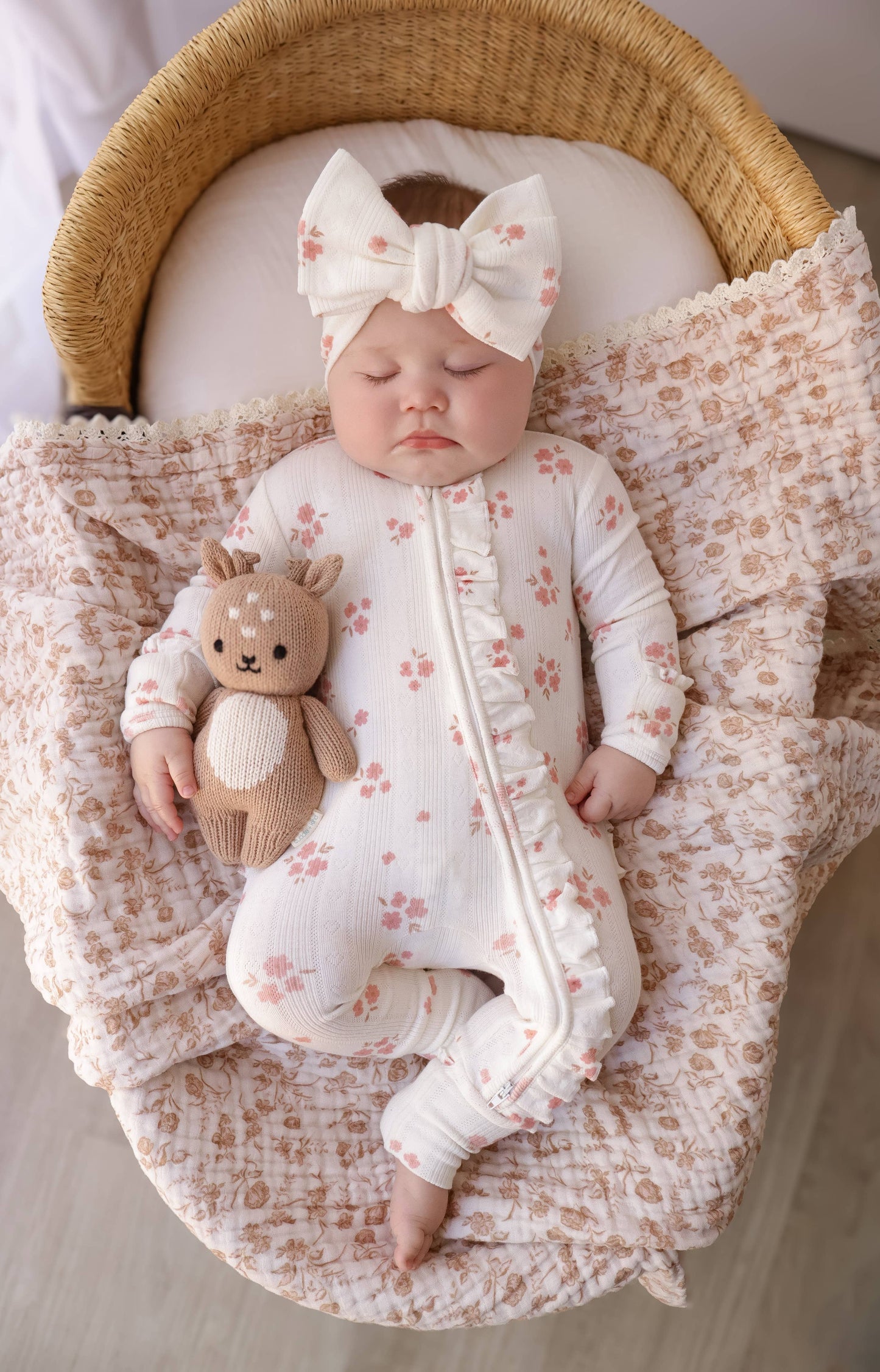 Ruffle Zipper One Piece -  Pink Floral Pointelle