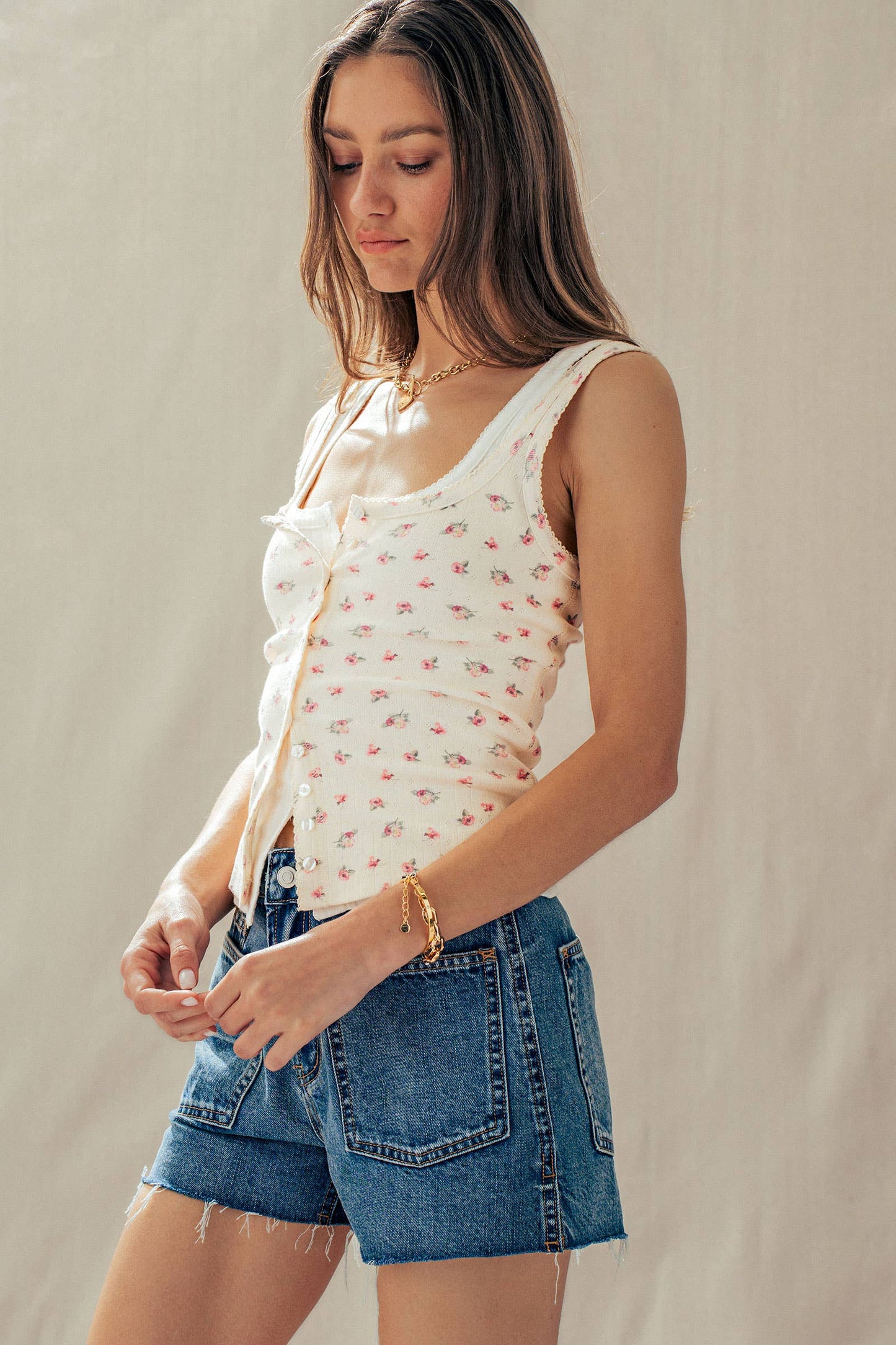 Ribbed Cotton Button-Front Picot Trim Tank (Four Colors)