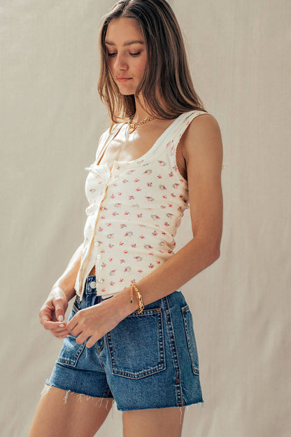 Ribbed Cotton Button-Front Picot Trim Tank (Four Colors)