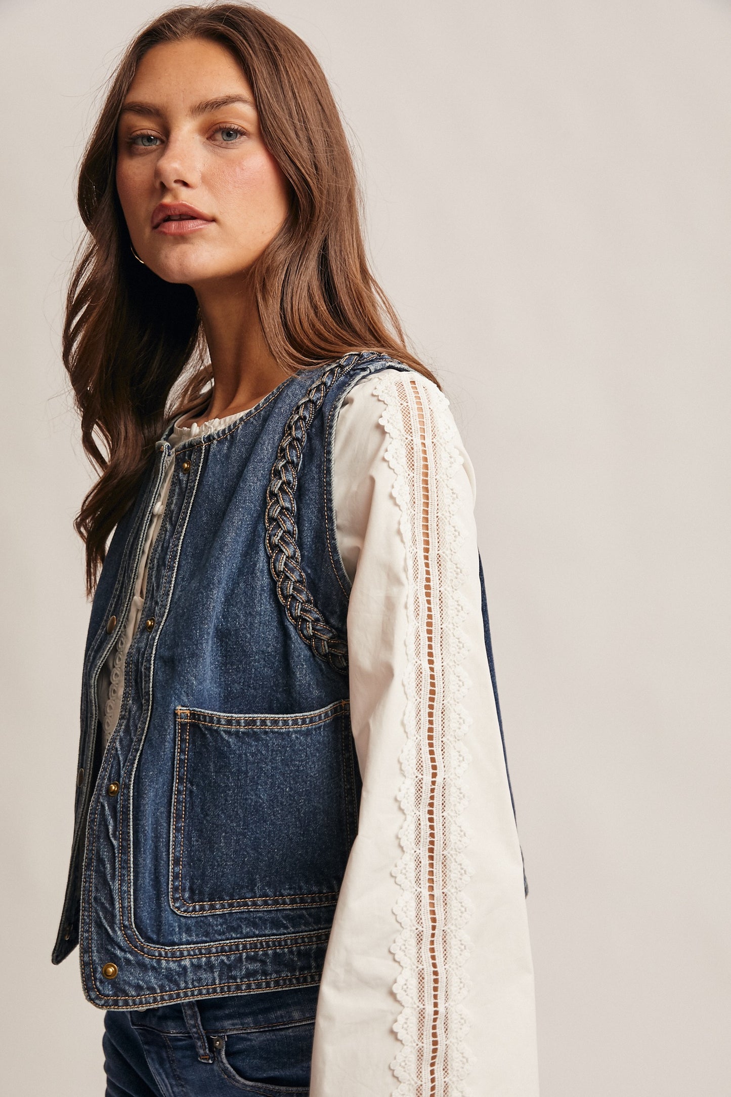 Braided Trim Denim Vest