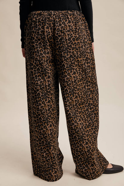 Leopard Print Denim Wide-Leg Pants