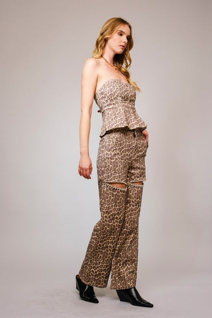 Leopard Print Rhinestone Cutout Jeans