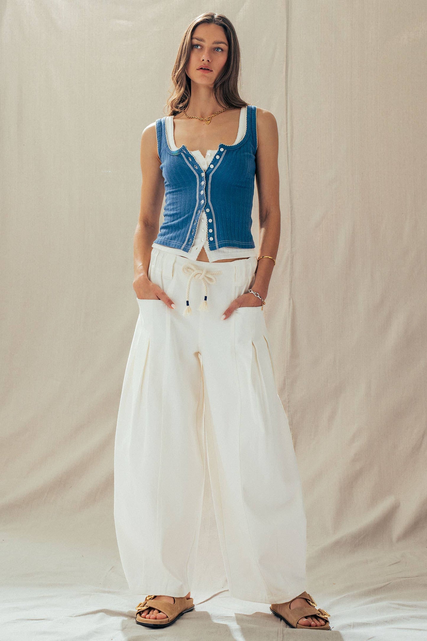 Ribbed Cotton Button-Front Picot Trim Tank (Four Colors)