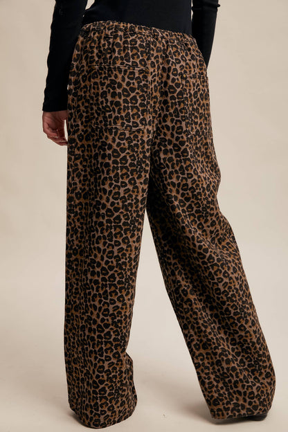 Leopard Print Denim Wide-Leg Pants