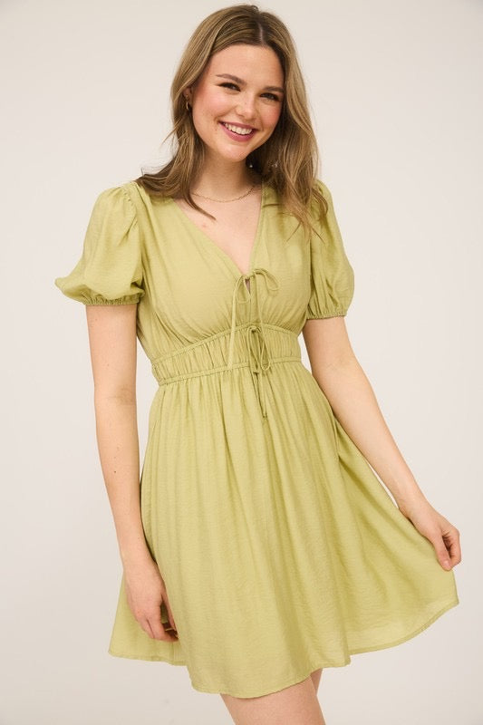 Tie Puff Sleeve Mini Dress