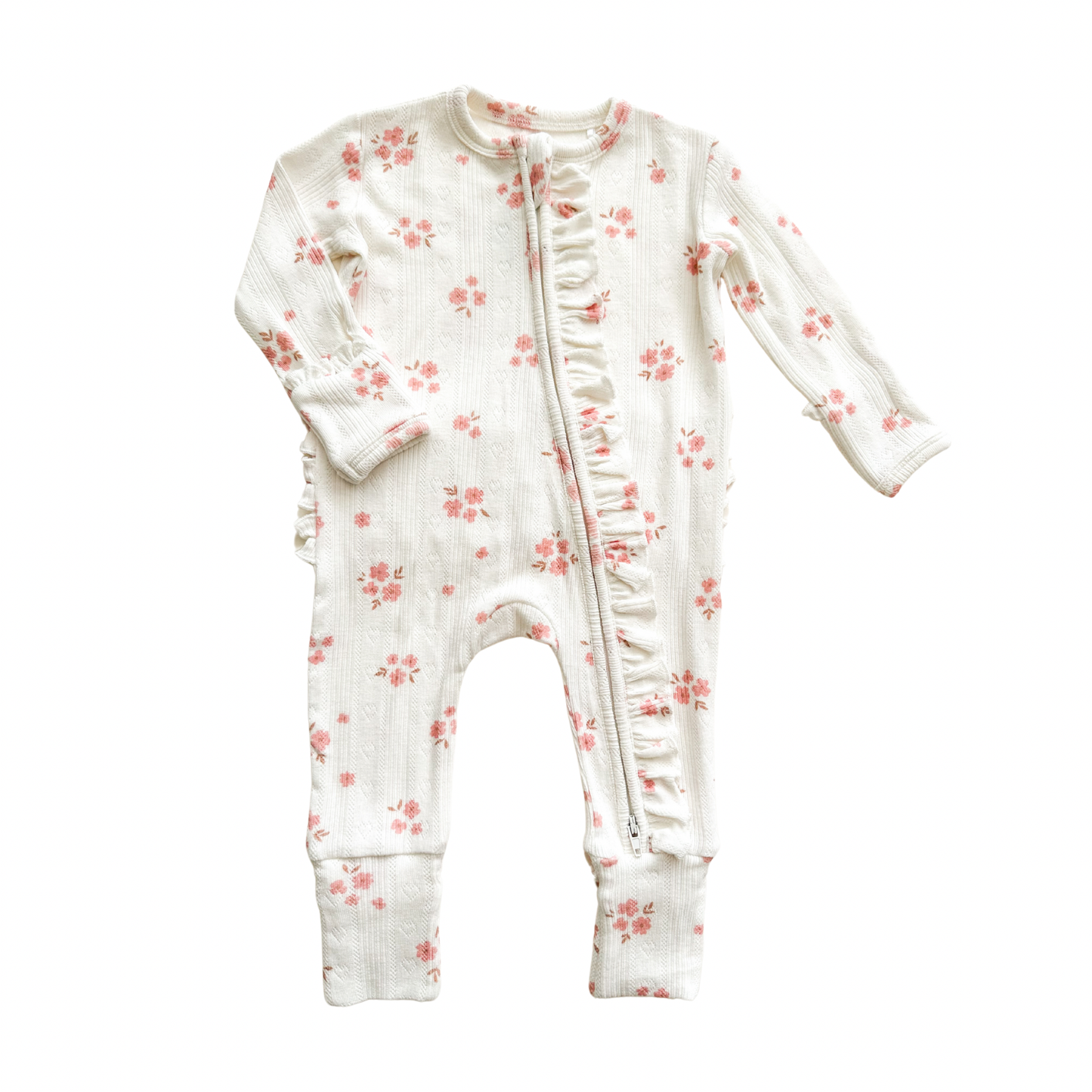 Ruffle Zipper One Piece -  Pink Floral Pointelle