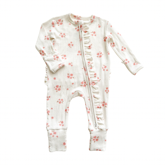 Ruffle Zipper One Piece -  Pink Floral Pointelle
