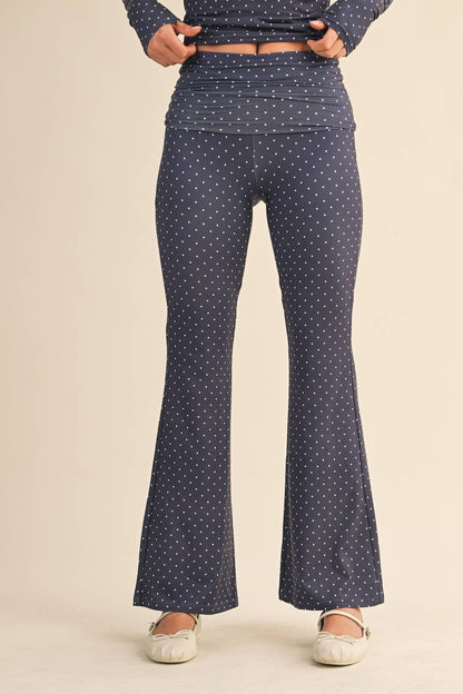 Polka Dot Print Soft Knit Jersey Foldover Flare Pants