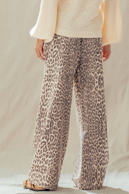 Leopard Print Wide Leg Cotton Pants Drawstring*