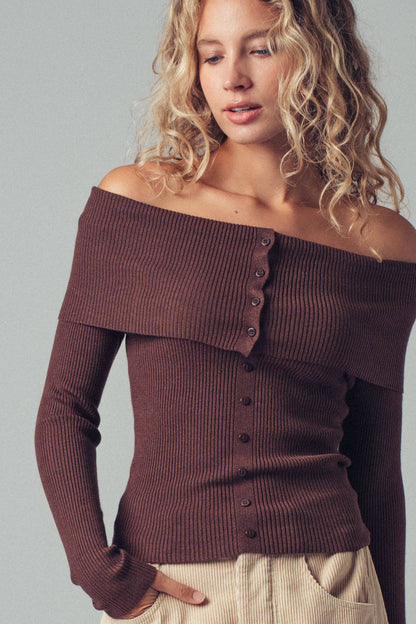 Hartsin Off-Shoulder Button Front Ribbed Top