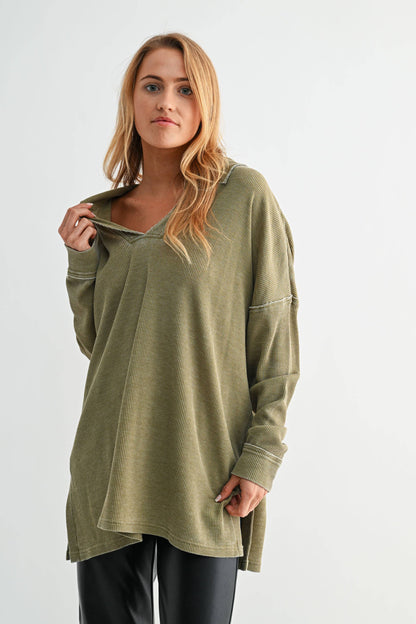 Whitney Waffle Knit Collared Long Sleeve