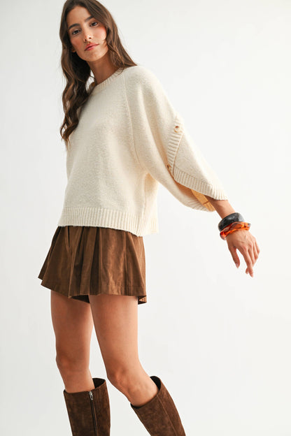 BUTTON SLEEVE KNIT PULLOVER