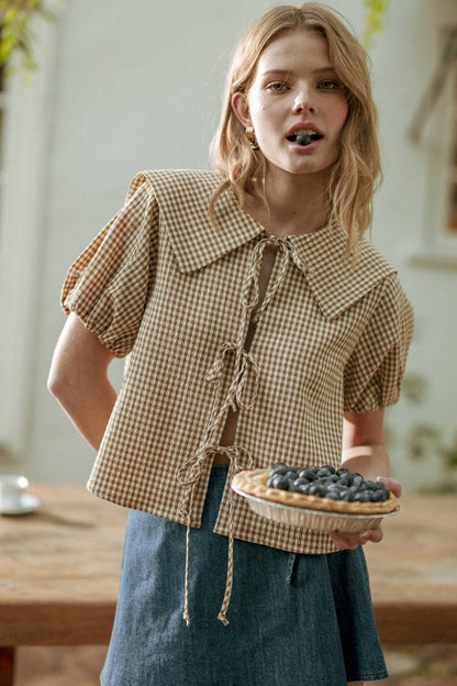 Babs Gingham Tie Front Top