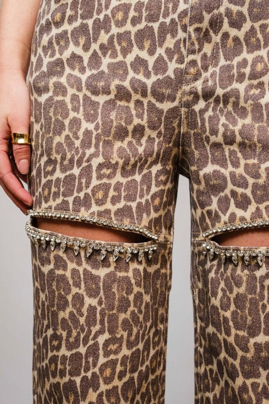 Leopard Print Rhinestone Cutout Jeans