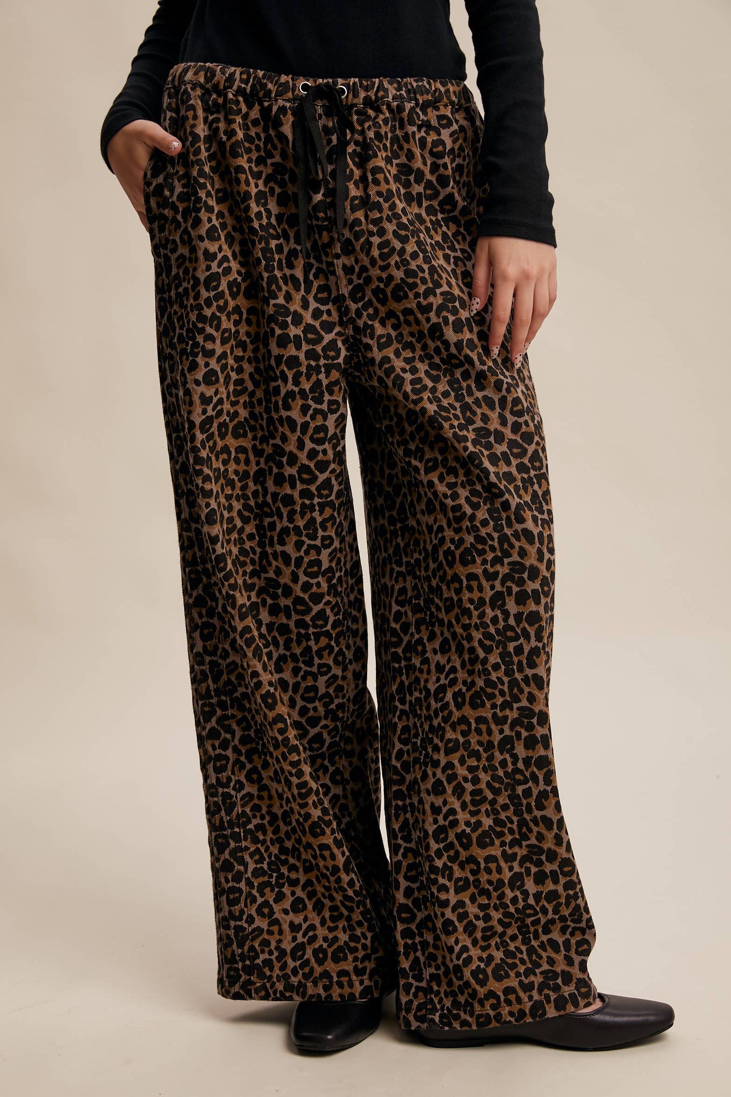 Leopard Print Denim Wide-Leg Pants