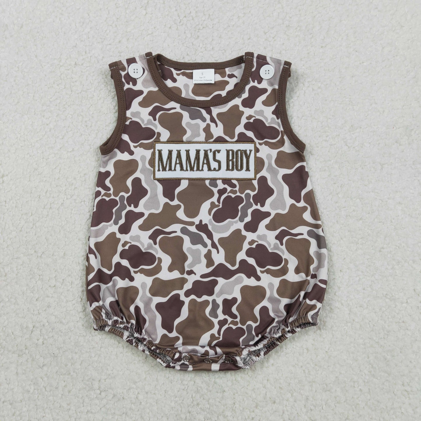 Embroidery Mama's Boy Southern Brown Camo Sleeveless Rompers