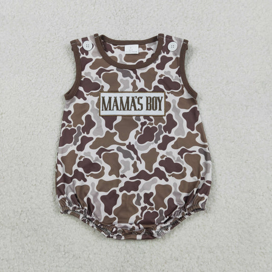 Embroidery Mama's Boy Southern Brown Camo Sleeveless Rompers
