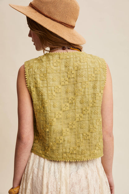 Embroidered Lace Tie-Front Vest