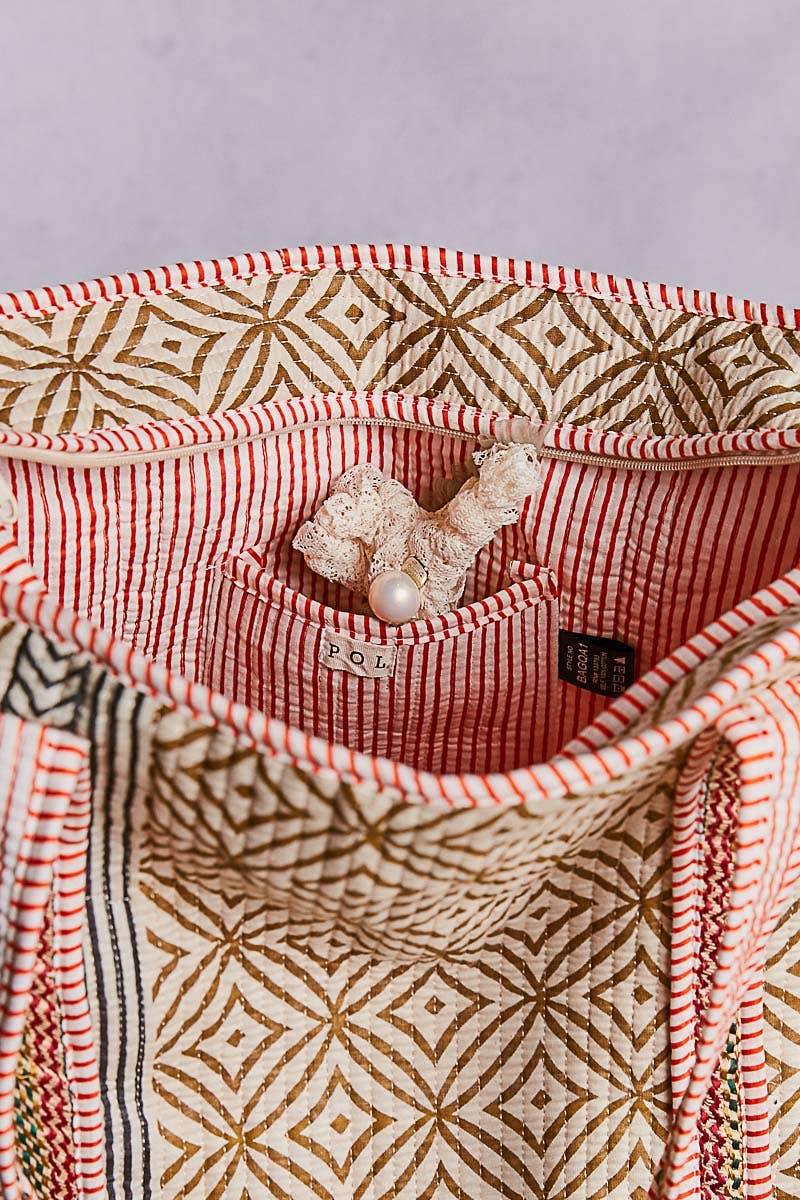 Striped Bias Tape Bohemian Quilted Beige Tote Bag